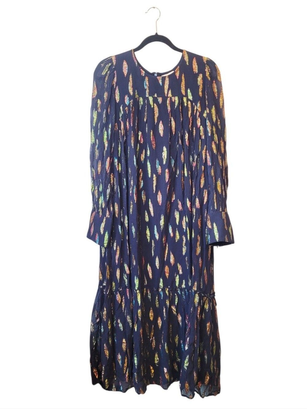 Ciebon Navy Multi-Color Metallic Long Sleeve Tiered Dress Size M NWT